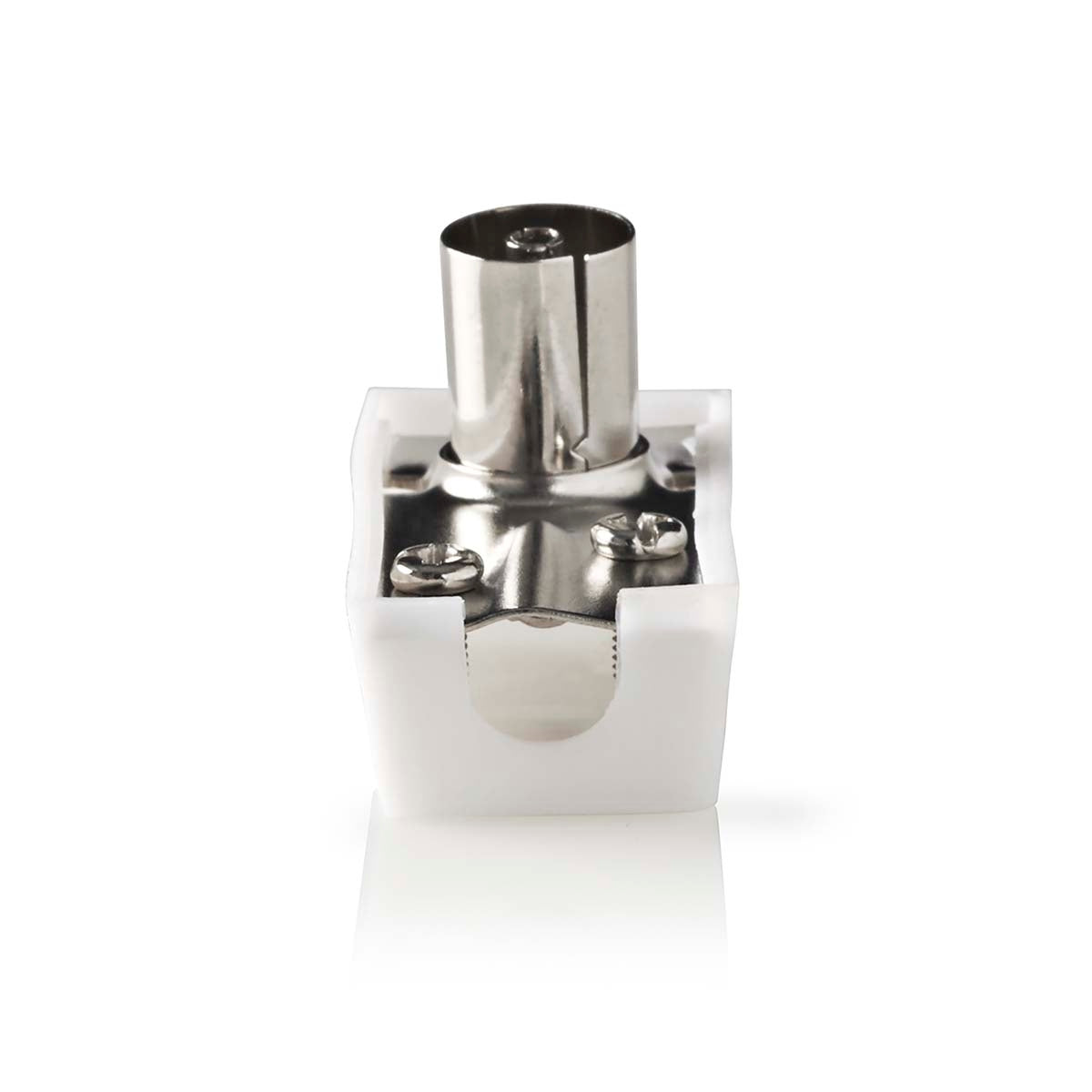 IEC (coax) | Angled | Male / Female | Nickel Plated | 75 Ohm | Screw | Cable input diameter: 7.0 mm | Metal / PVC | White | 2 pcs. | Box