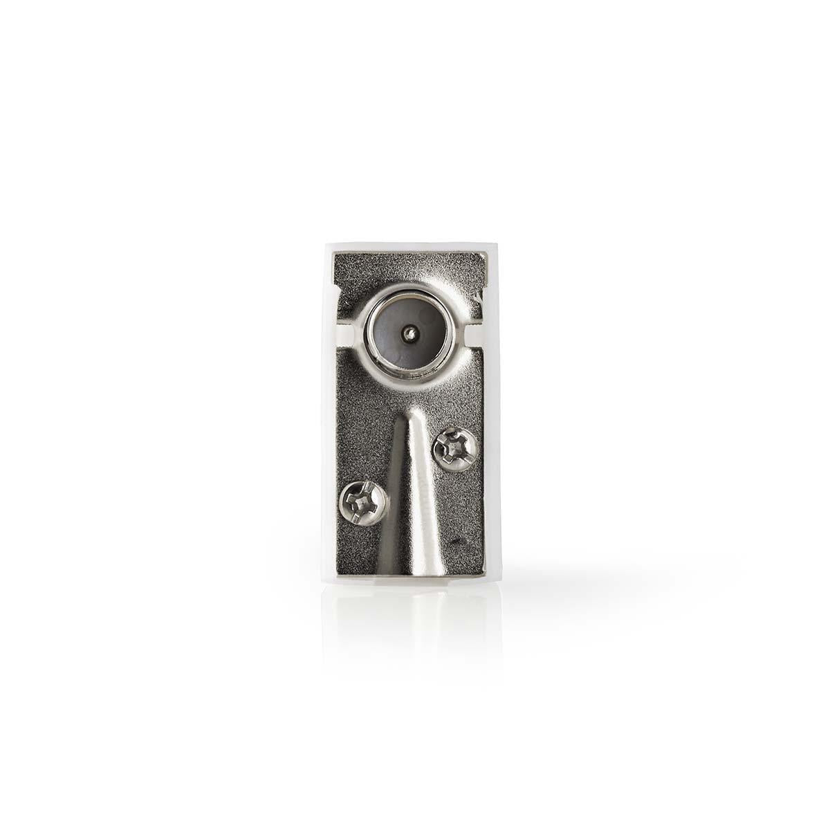 IEC (coax) | Angled | Male / Female | Nickel Plated | 75 Ohm | Screw | Cable input diameter: 7.0 mm | Metal / PVC | White | 2 pcs. | Box