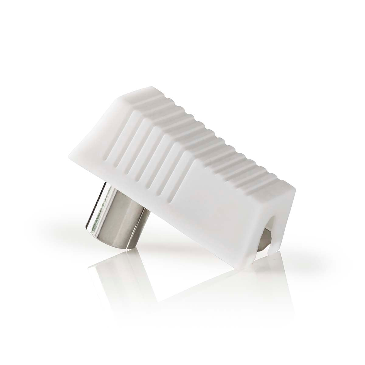 IEC (coax) | Angled | Male / Female | Nickel Plated | 75 Ohm | Screw | Cable input diameter: 7.0 mm | Metal / PVC | White | 2 pcs. | Box