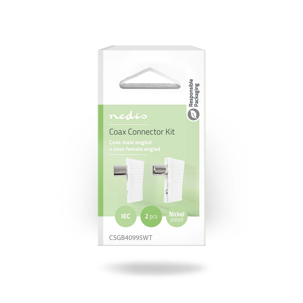 IEC (coax) | Angled | Male / Female | Nickel Plated | 75 Ohm | Screw | Cable input diameter: 7.0 mm | Metal / PVC | White | 2 pcs. | Box