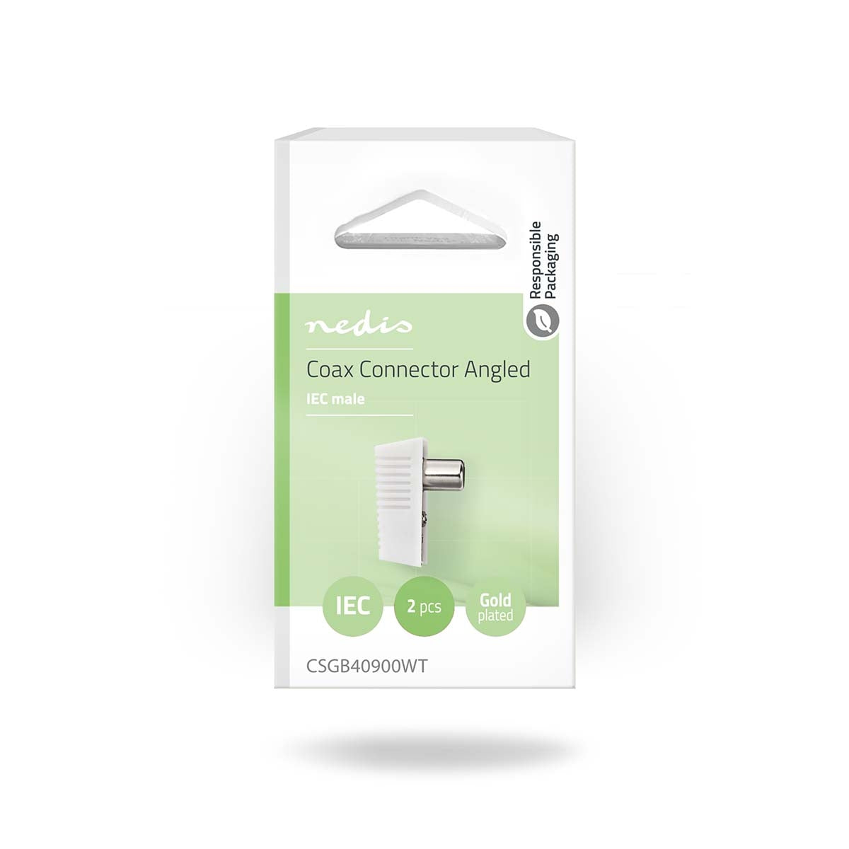 IEC (coax) | Angled | Male | Nickel Plated | 75 Ohm | Screw | Cable input diameter: 7.0 mm | Metal / PVC | White | 2 pcs. | Box