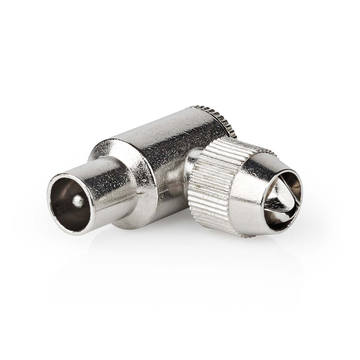 IEC (coax) | Angled | Male | Nickel Plated | 75 Ohm | Screw | Cable input diameter: 7.0 mm | Metal | Silver | 2 pcs. | Envelope