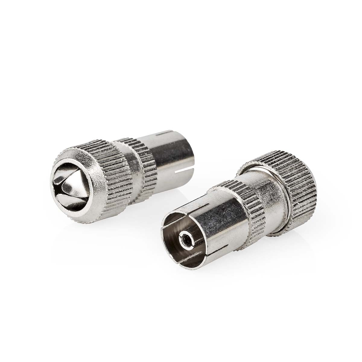 IEC (coax) | Straight | Female | Nickel Plated | 75 Ohm | Screw | Cable input diameter: 7.0 mm | Metal | Silver | 2 pcs. | Envelope