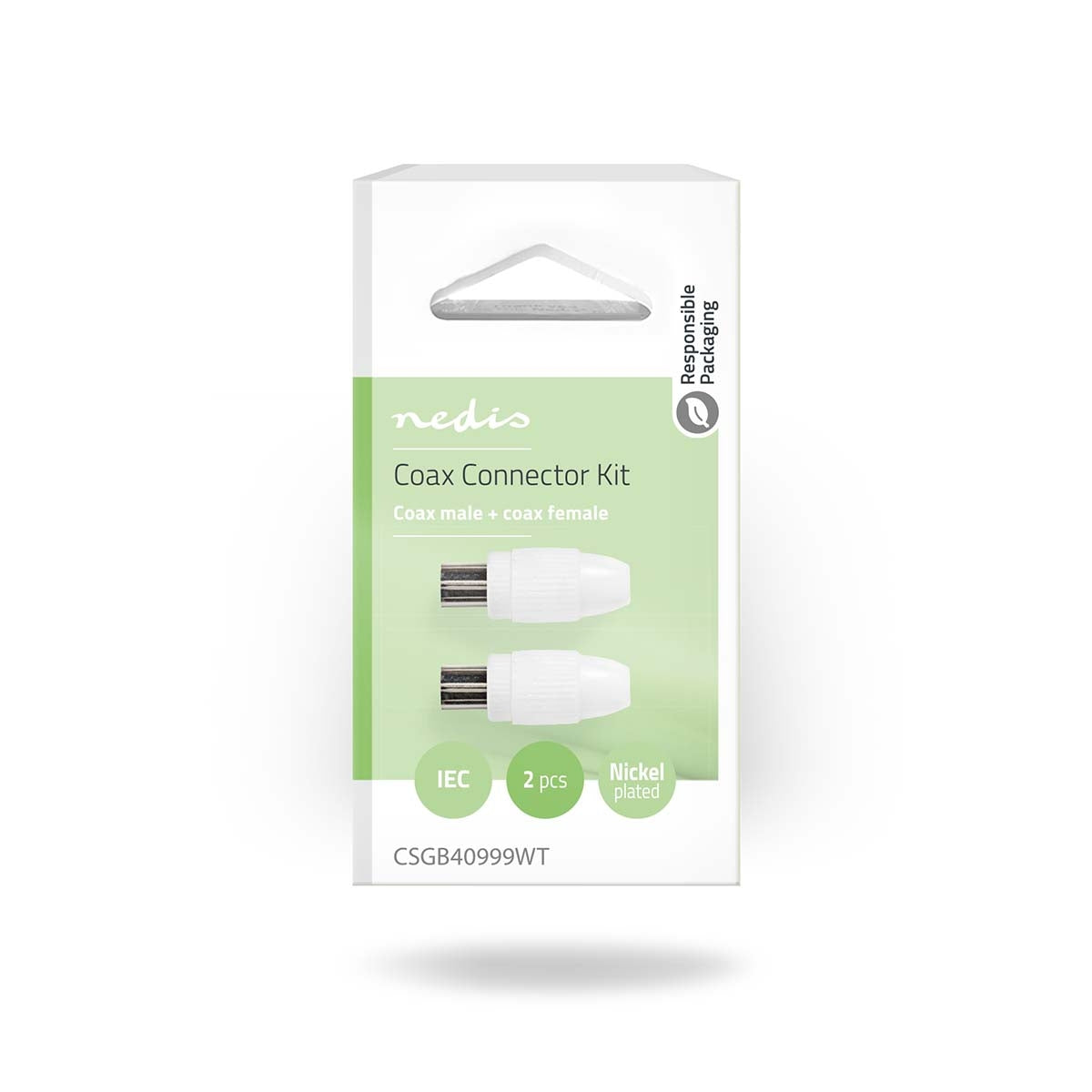 IEC (coax) | Straight | Male / Female | Nickel Plated | 75 Ohm | Screw | Cable input diameter: 7.0 mm | Metal / PVC | White | 2 pcs. | Box