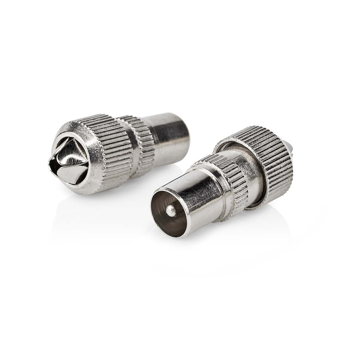 IEC (coax) | Straight | Male | Nickel Plated | 75 Ohm | Screw | Cable input diameter: 7.0 mm | Metal | Silver | 2 pcs. | Plastic bag