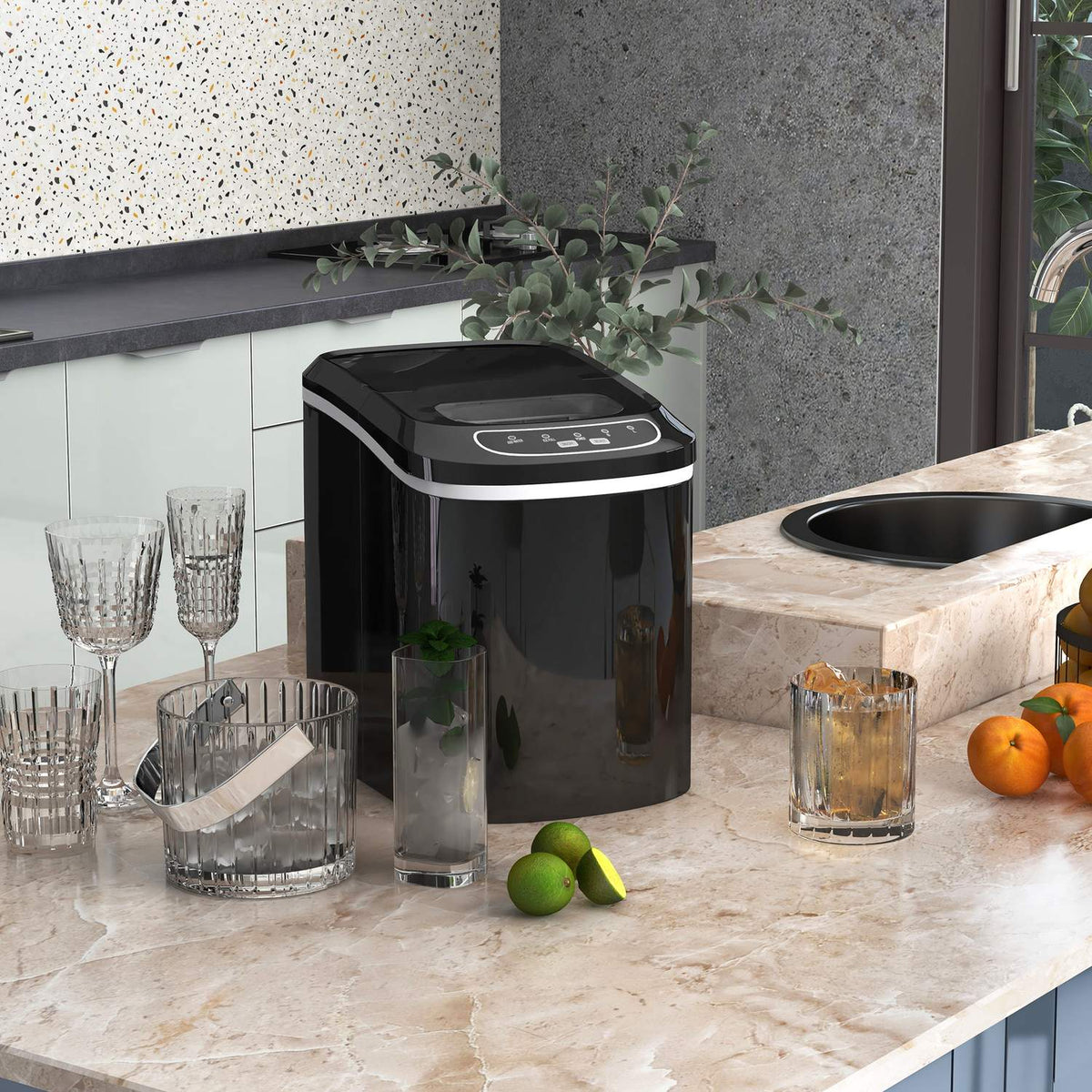 Ice Cube Machine, 1.3 L With 2.2 L Water Tank, 12 Kg/24H Ice Maker With Scoop And Basket, 2 Selectable Ice Cube Sizes, Self-Cleaning