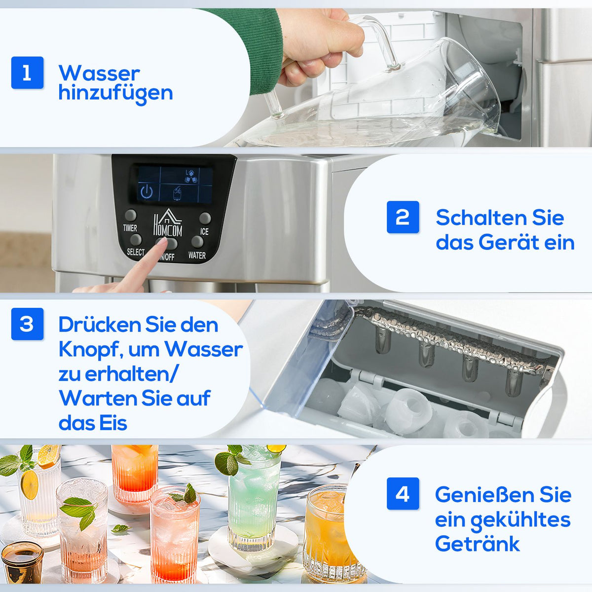 Ice Cube Machine Ice Cube Maker 9 Cubes Ready In 6-10 Minutes, 12 Kg/24 H, Water Station With 3L Water Tank For Kitchen, Silver