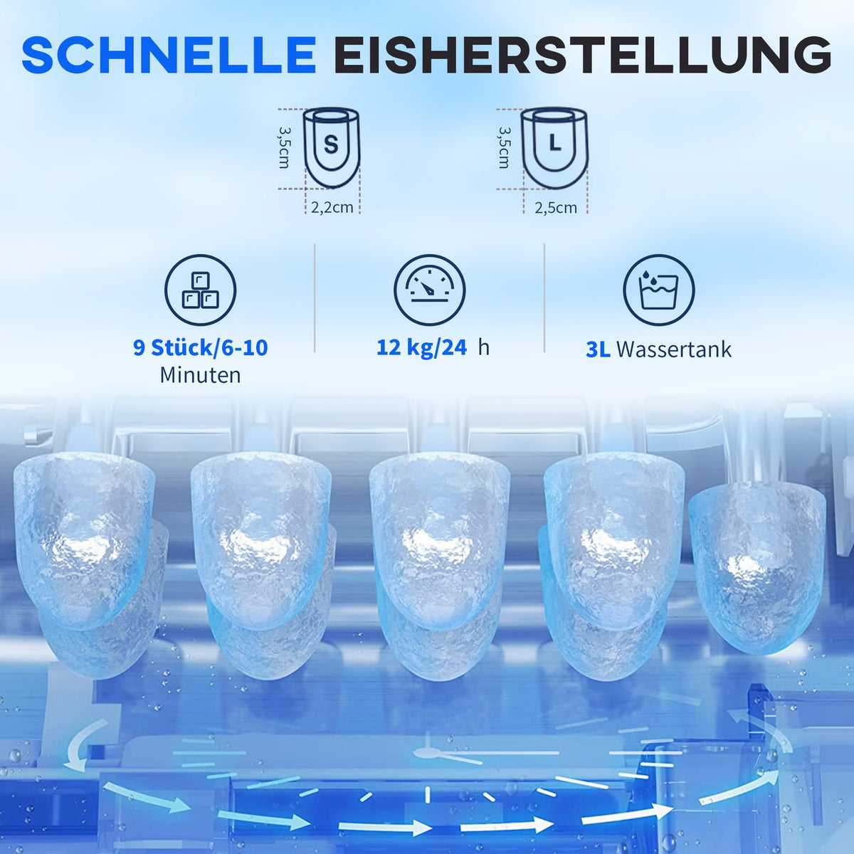 Ice Cube Machine Ice Cube Maker 9 Cubes Ready In 6-10 Minutes, 12 Kg/24 H, Water Station With 3L Water Tank For Kitchen, Silver