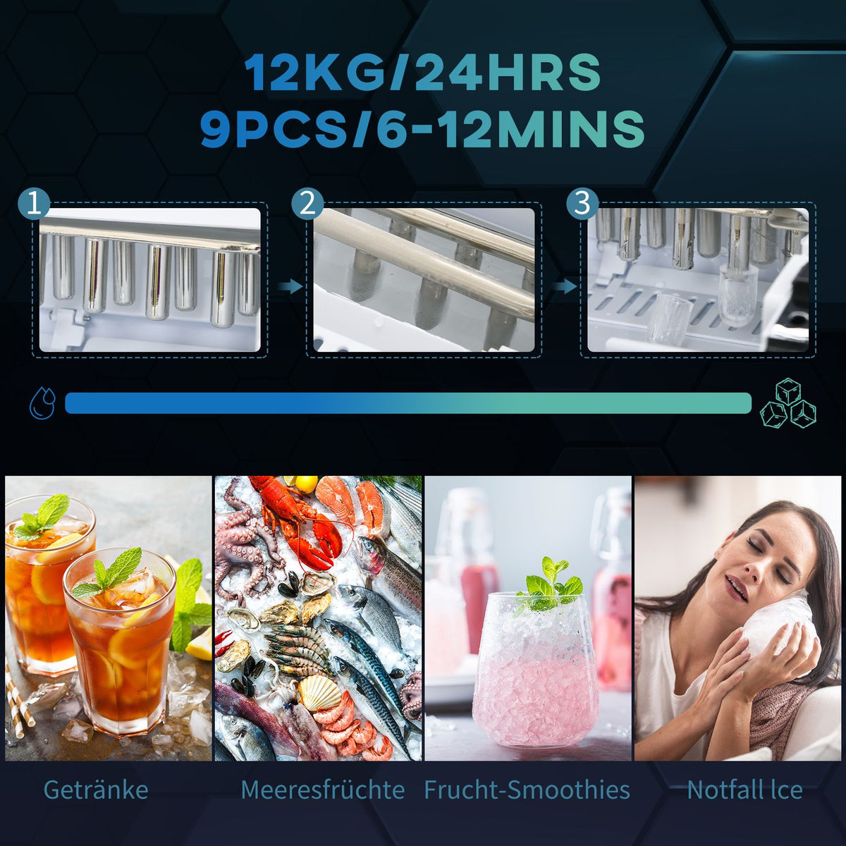 Ice Cube Machine, Ice Maker, 12Kg/Day, 9 Pieces/6-12 Minutes, 1.8L Ice Cube Maker With 1.7L Water Tank, 2 Ice Cube Sizes, Ice Scoop