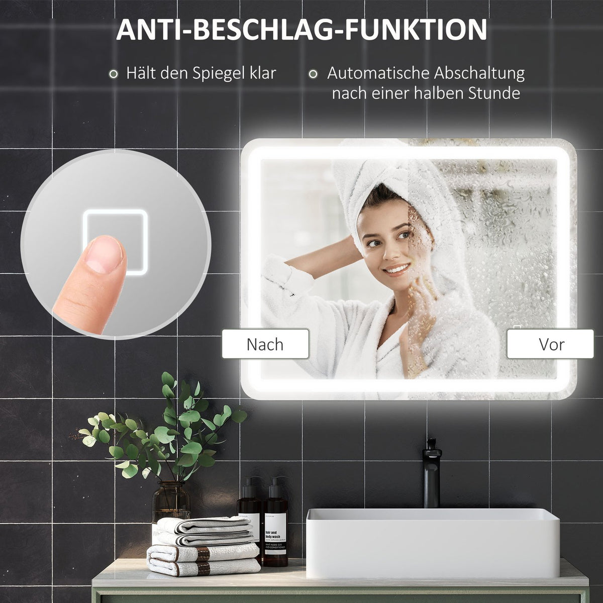 Illuminated Bathroom Mirror, Touch Control, Anti-Fog, 70x90 cm