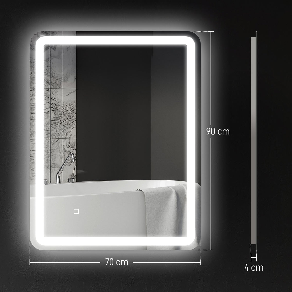 Illuminated Bathroom Mirror, Touch Control, Anti-Fog, 70x90 cm
