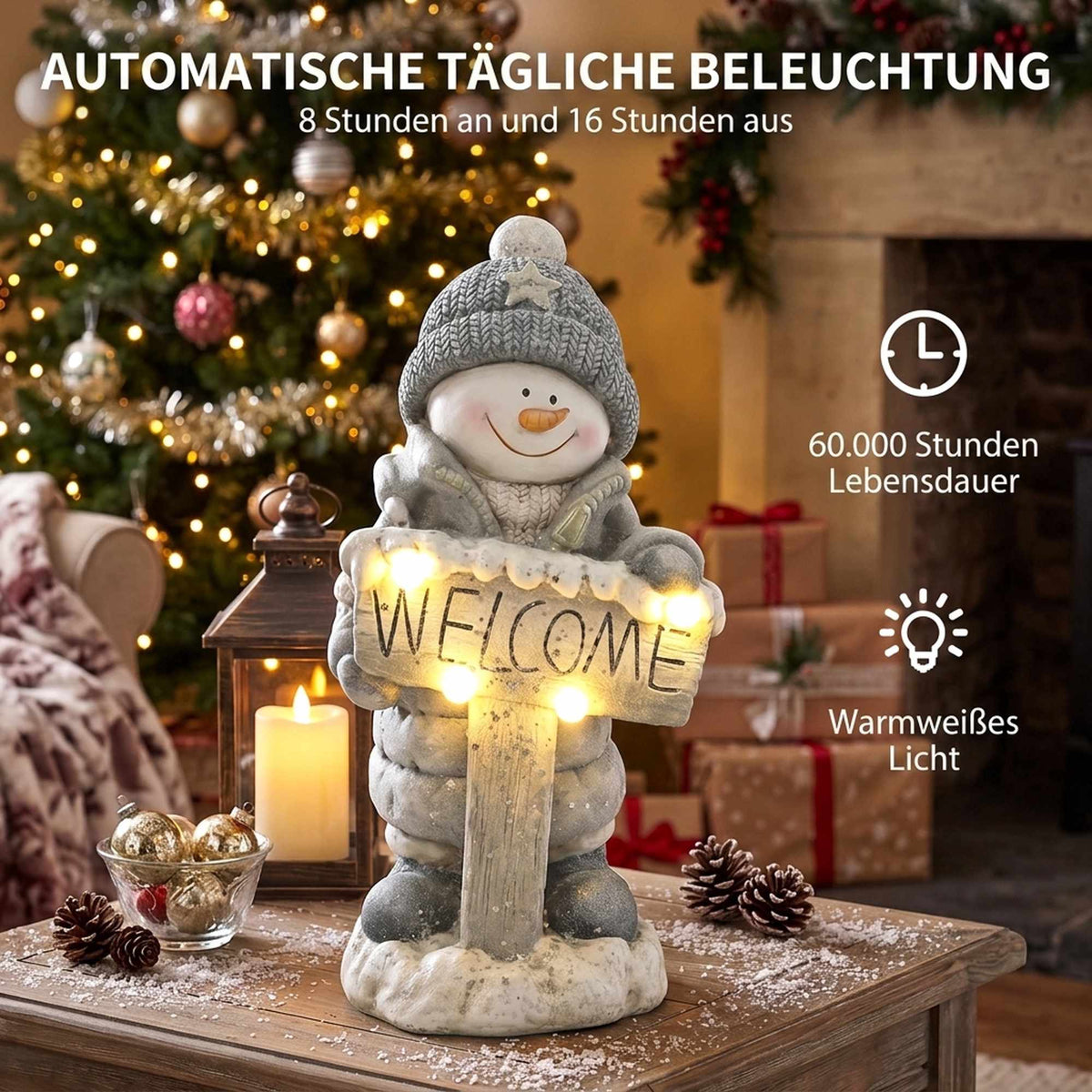 Illuminated Snowman Christmas Statue with Welcome Sign