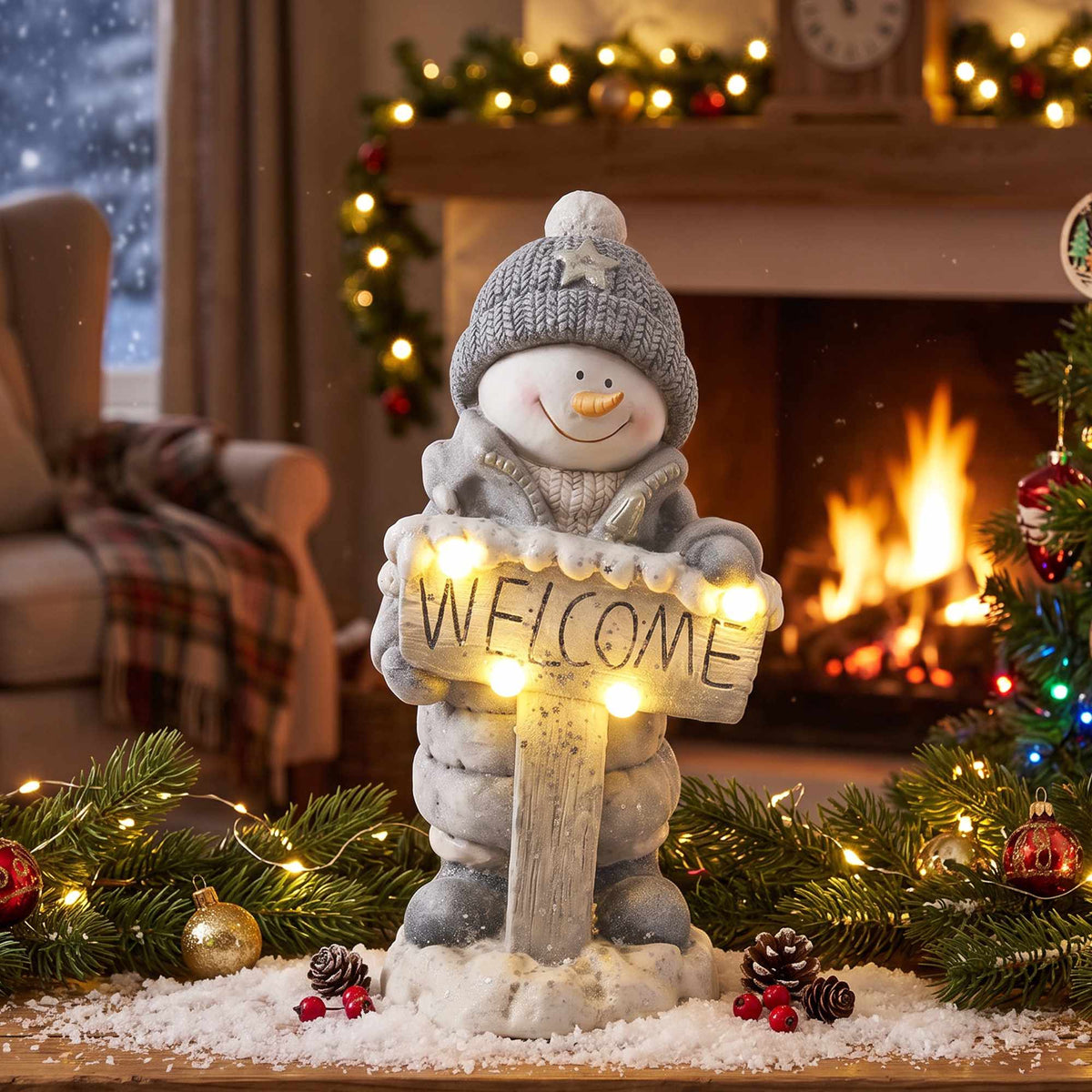 Illuminated Snowman Christmas Statue with Welcome Sign