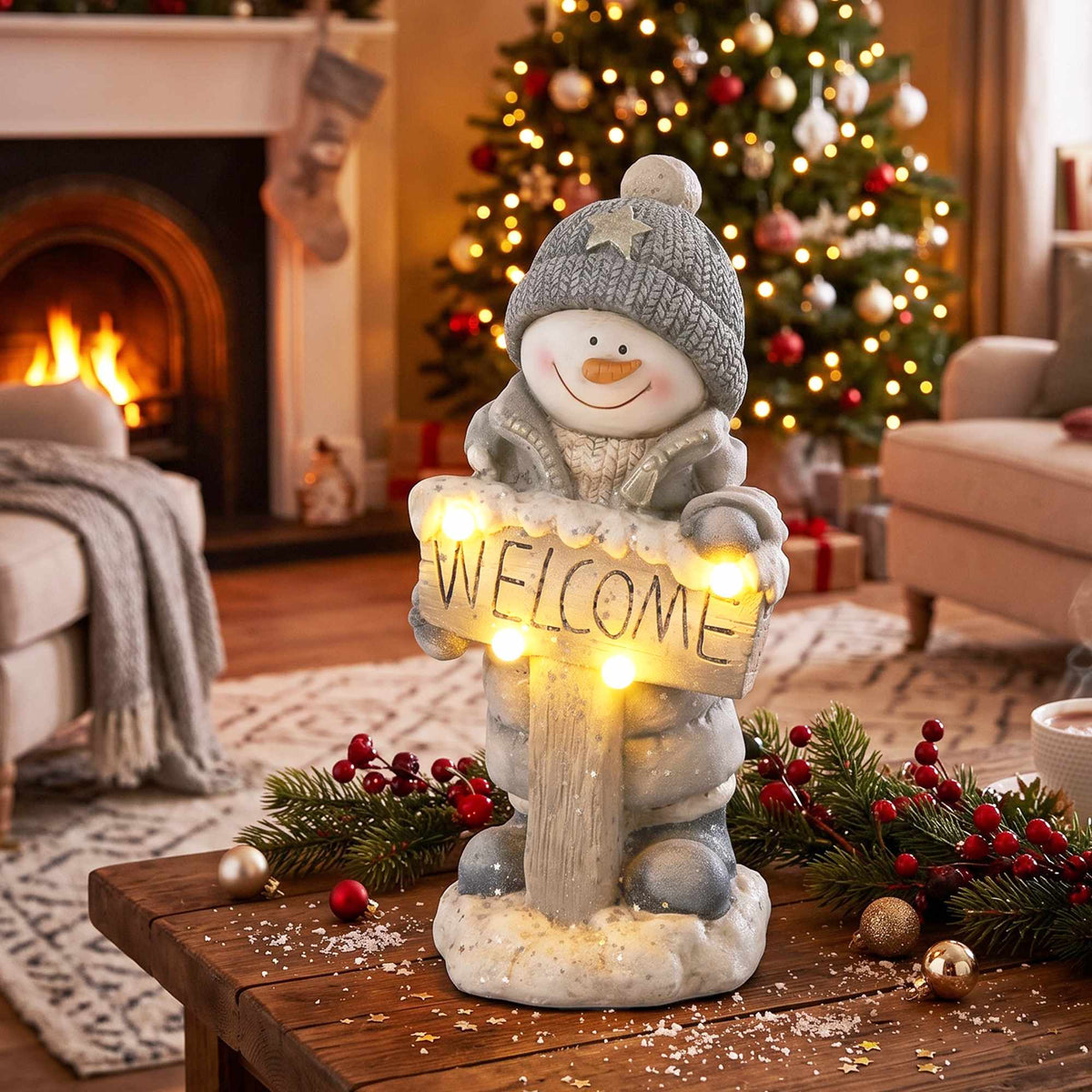 Illuminated Snowman Christmas Statue with Welcome Sign