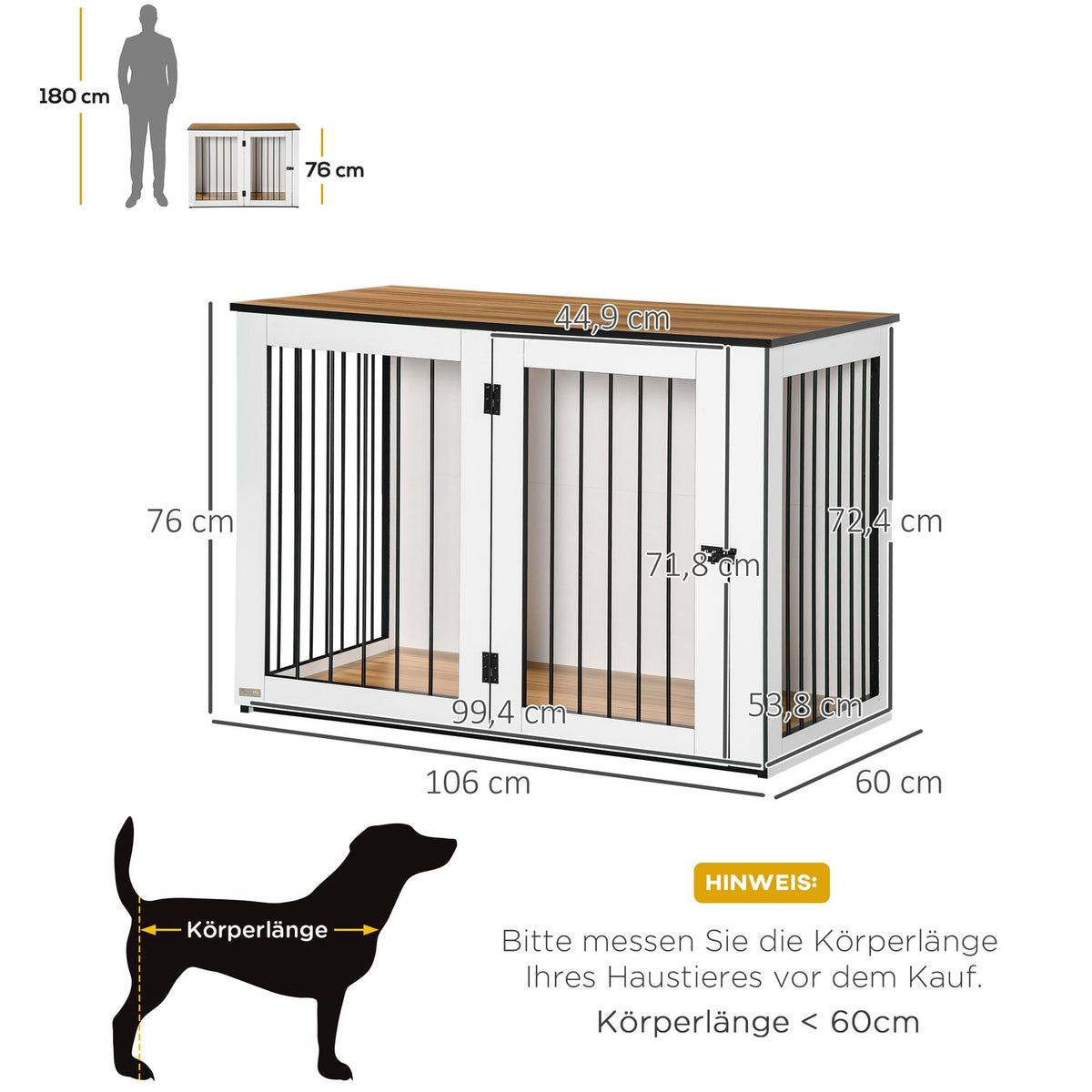 Indoor Dog Cage Pet Cage For Small/Medium Dogs, Chipboard, Dark Walnut+White, 106X60X76Cm