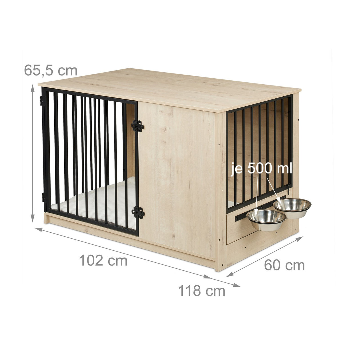 Indoor Dog Crate, Wood Effect, 2 Bowls, Medium Size
