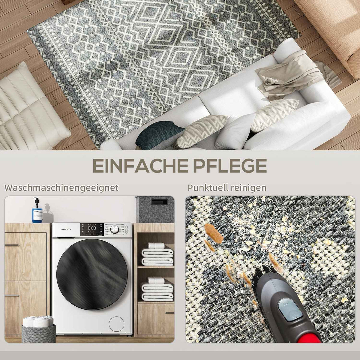 Indoor/Outdoor Boho Rug, Easy-Clean, Grey, 170x120 cm