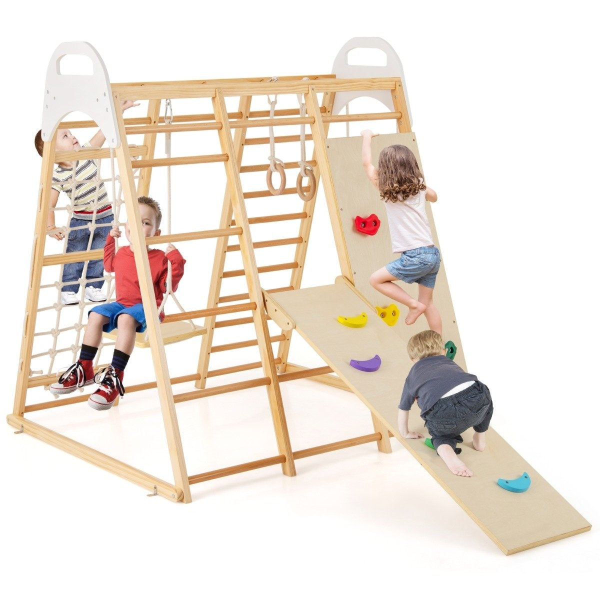 Indoor Playground Set – 8-in-1 Wooden Climbing Gym