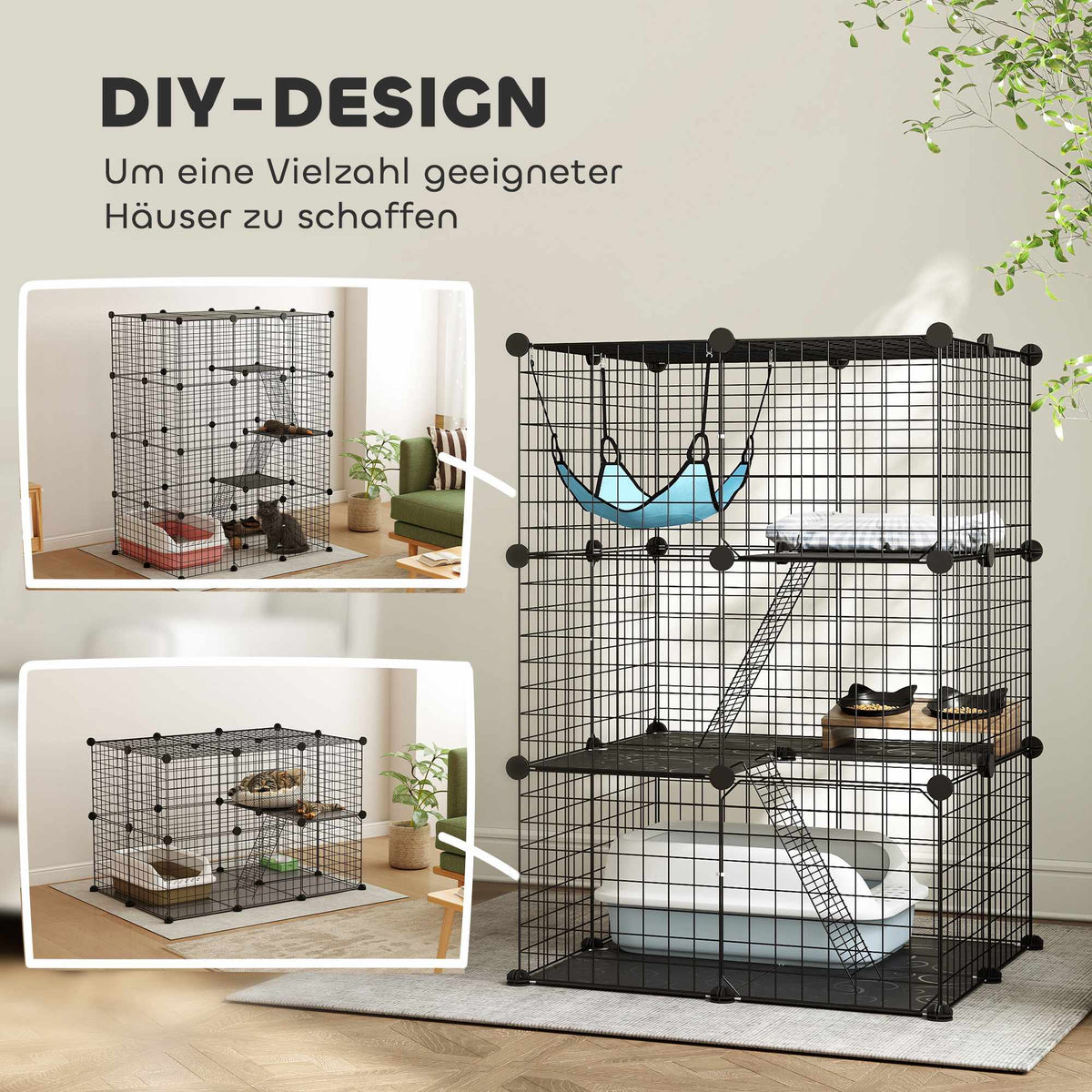 Indoor Steel Cat Cage, Customizable Design, 3 Doors