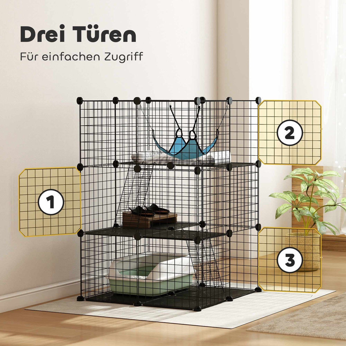 Indoor Steel Cat Cage, Customizable Design, 3 Doors