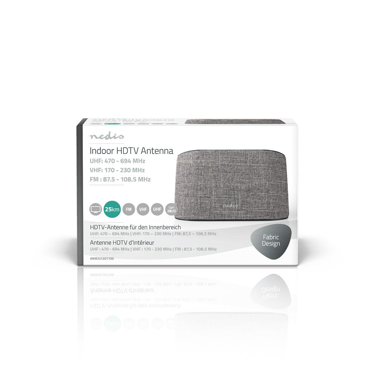 Indoor antenna | Active | FM / UHF / VHF | Reception area: 0-25 km | LTE700 | Gain: 28 dB | ABS / Fabric | Gray