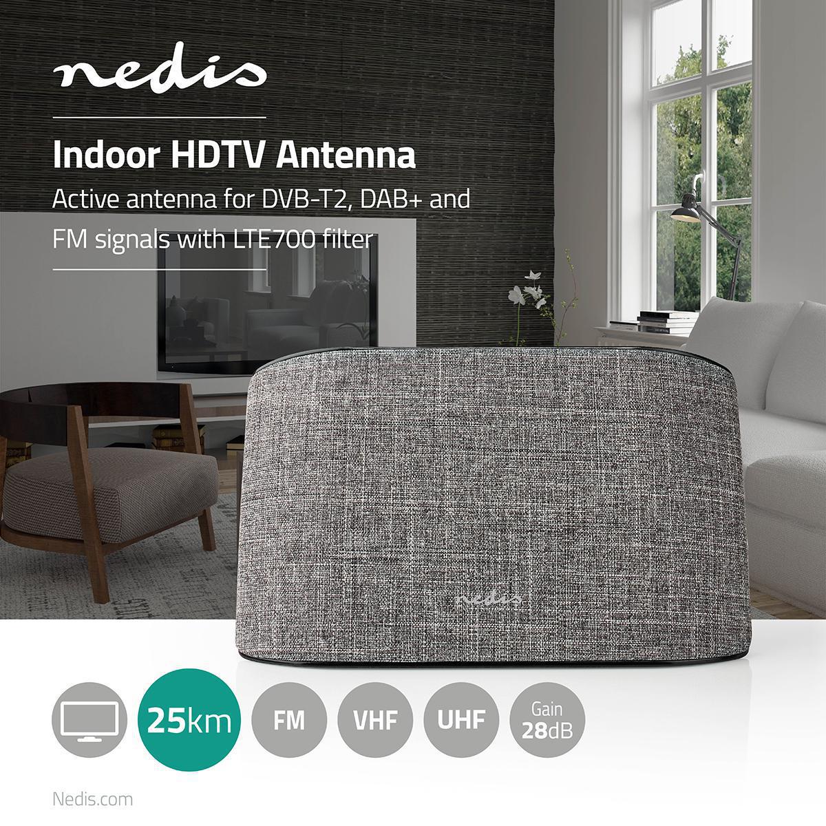 Indoor antenna | Active | FM / UHF / VHF | Reception area: 0-25 km | LTE700 | Gain: 28 dB | ABS / Fabric | Gray