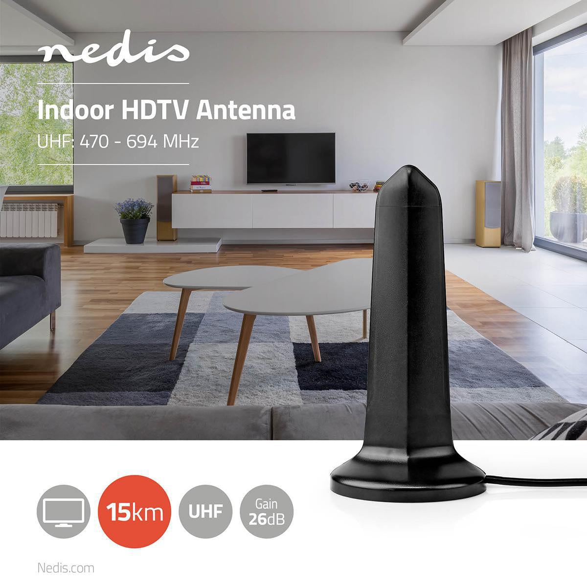 Indoor antenna | Active | UHF | Reception area: 0-15 km | LTE700 | Gain: 26 dB | ABS | Black