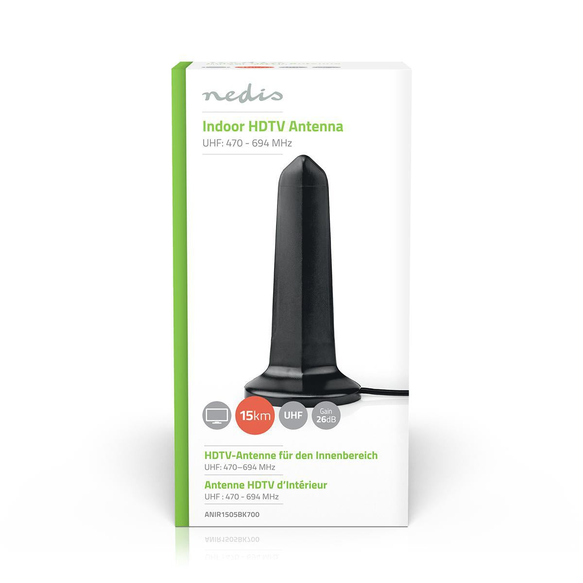 Indoor antenna | Active | UHF | Reception area: 0-15 km | LTE700 | Gain: 26 dB | ABS | Black