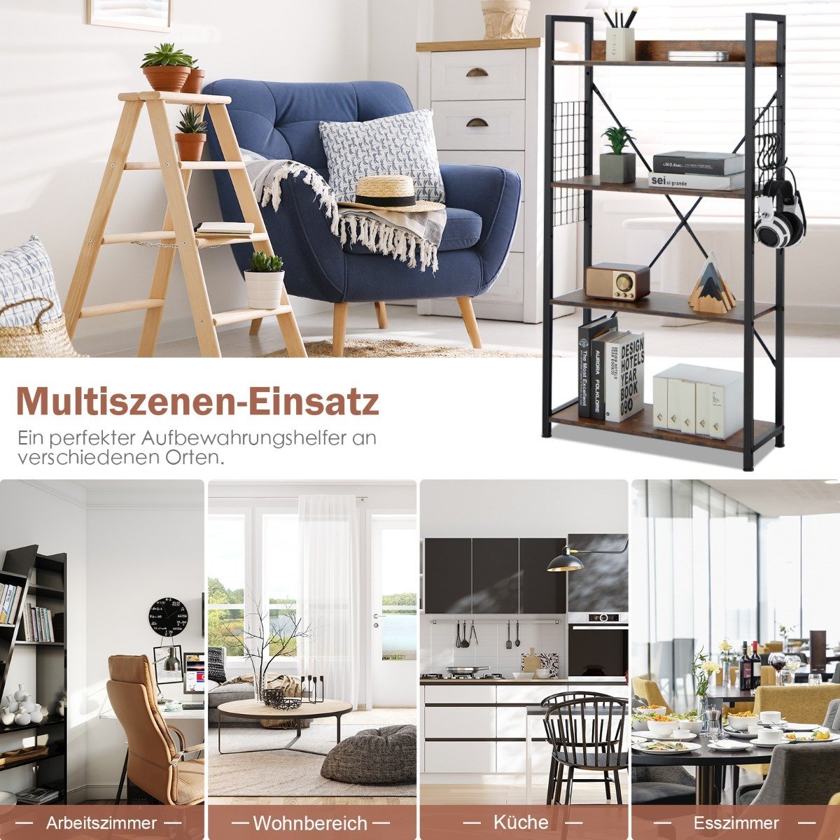 Industrial 4 tier bookcase multifunctional storage rack with anti-tip device