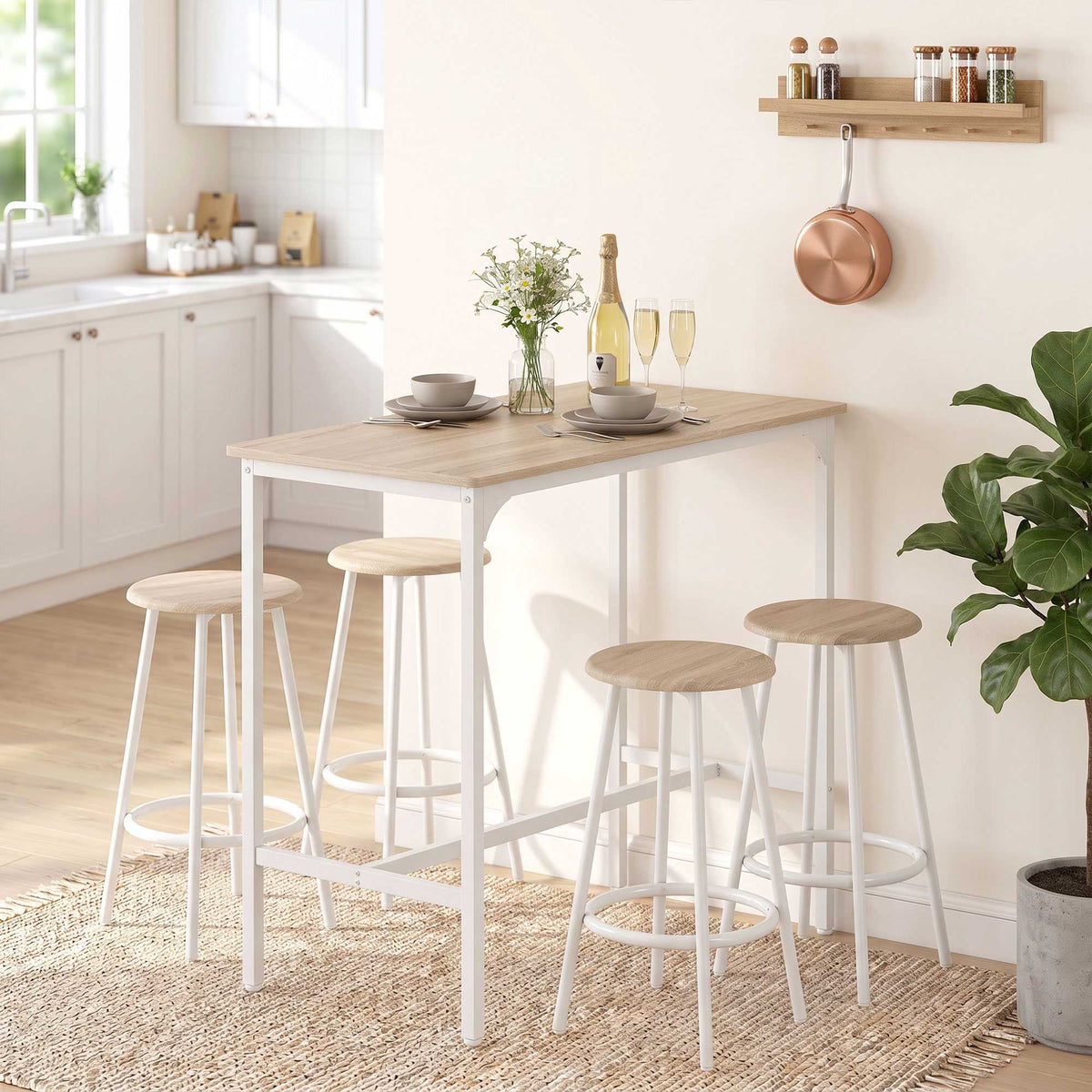 Industrial 5-Piece Bar Table Set with Stools, Oak Finish