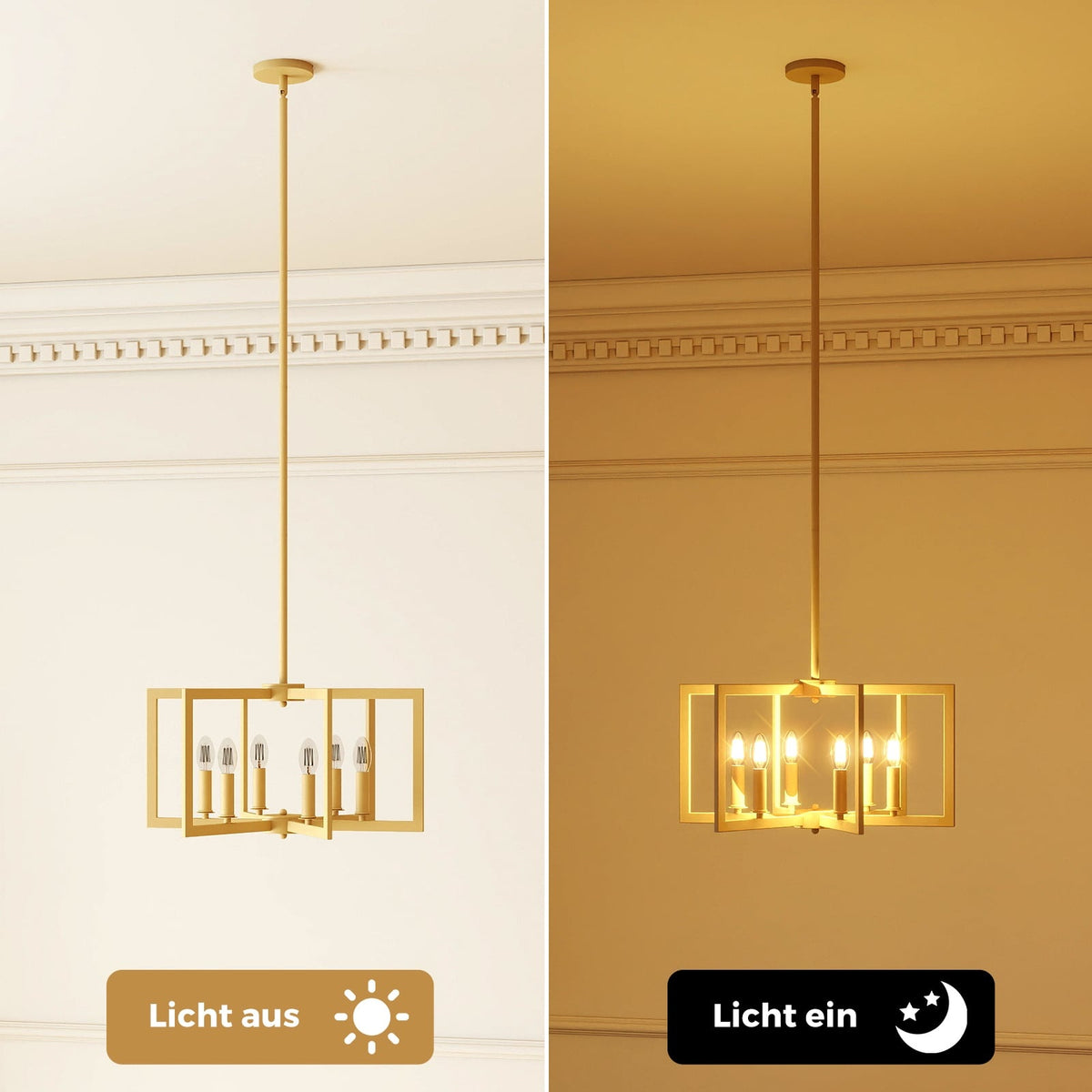 Industrial 6-Light Chandelier, Adjustable Height, Gold