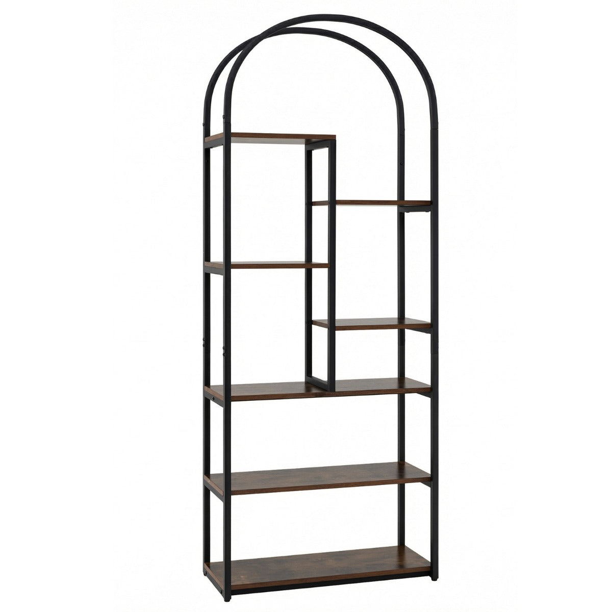Industrial Arched Bookcase, 7 Open Shelves, Rustic Brown