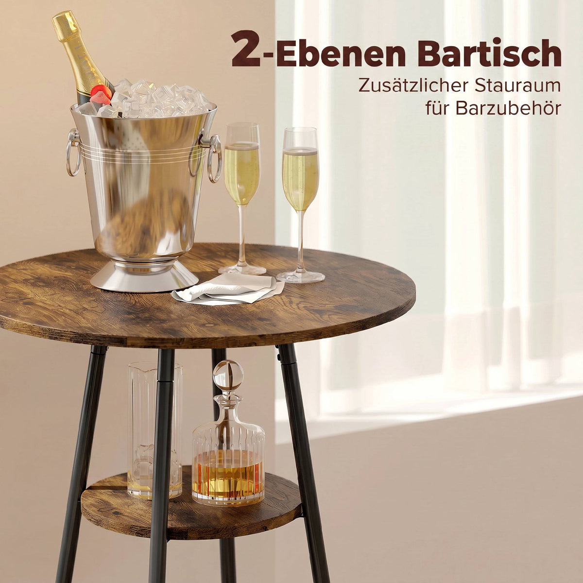 Industrial Bar Table Set, 2 Padded Stools, Shelf, Rustic Brown