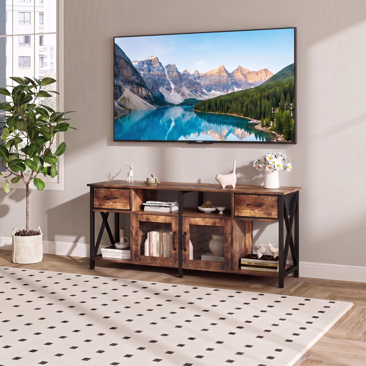 Industrial Black TV Stand with Storage, 180 cm