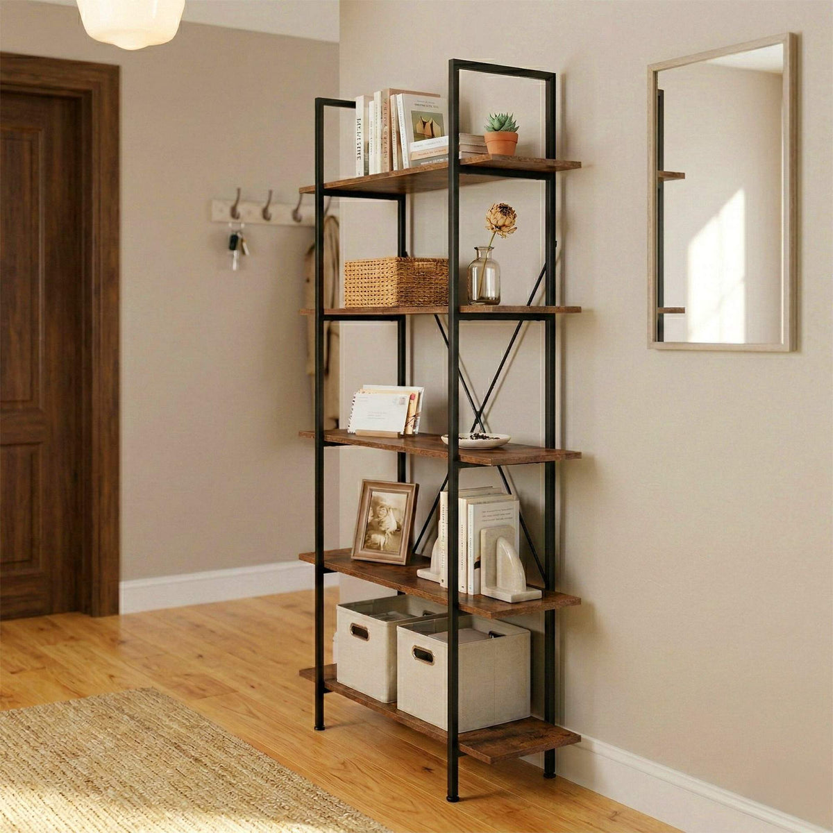 Industrial Bookcase, 5 Shelves, Wood and Metal Frame