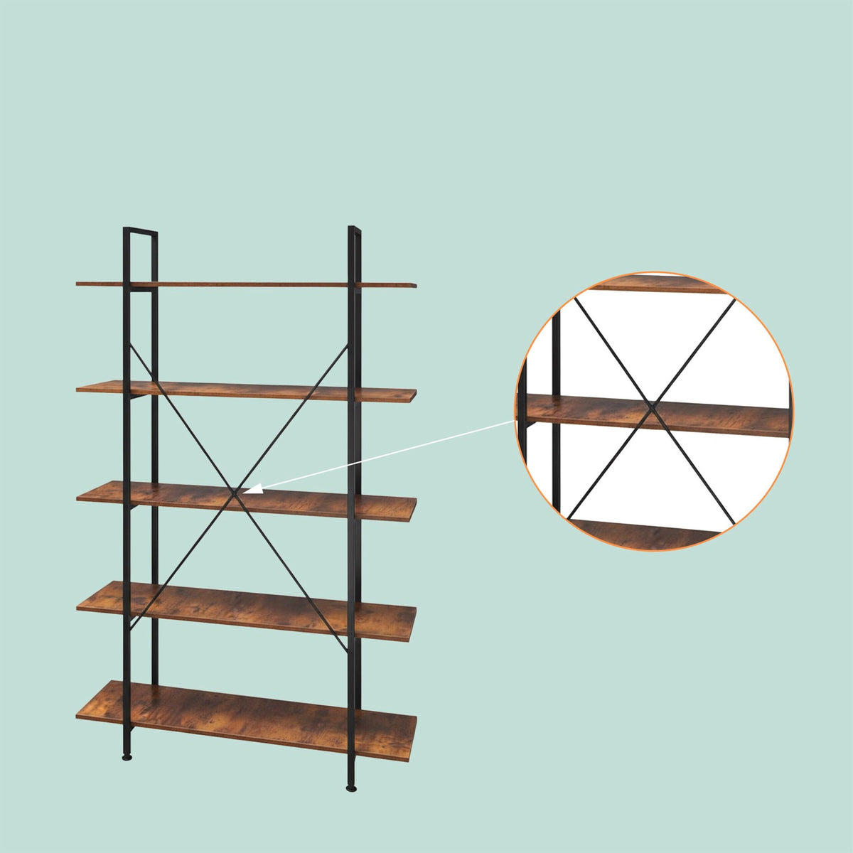 Industrial Bookcase, 5 Shelves, Wood and Metal Frame