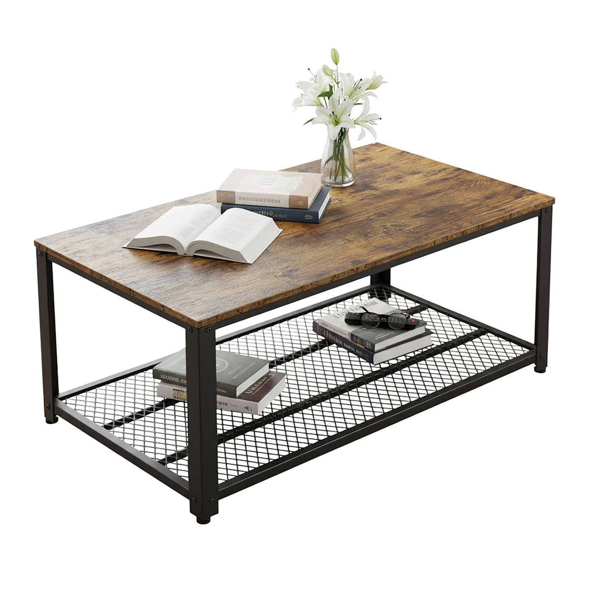 Industrial Coffee Table with Wire Shelf and Adjustable Feet