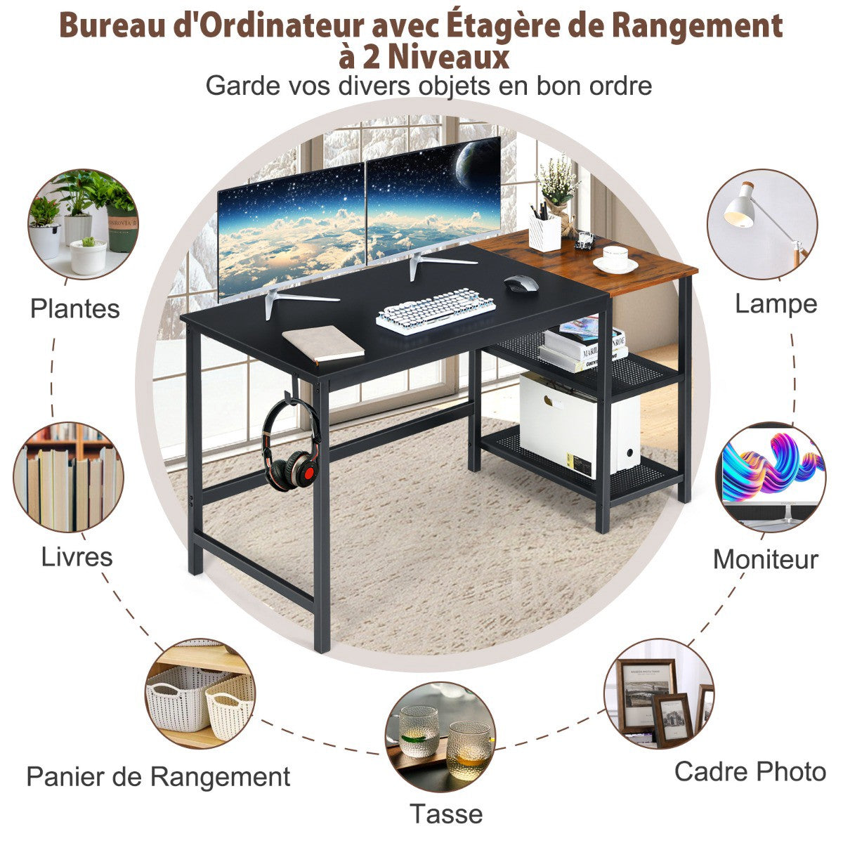 Industrial Computer Desk, 150cm, 2-Tier Shelf, Hook