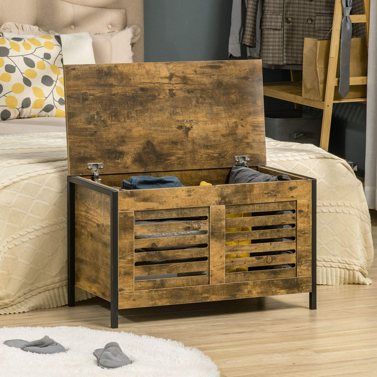 Industrial Design Rustic Brown Storage Box With Lid, Steel, For Living Room & Bedroom