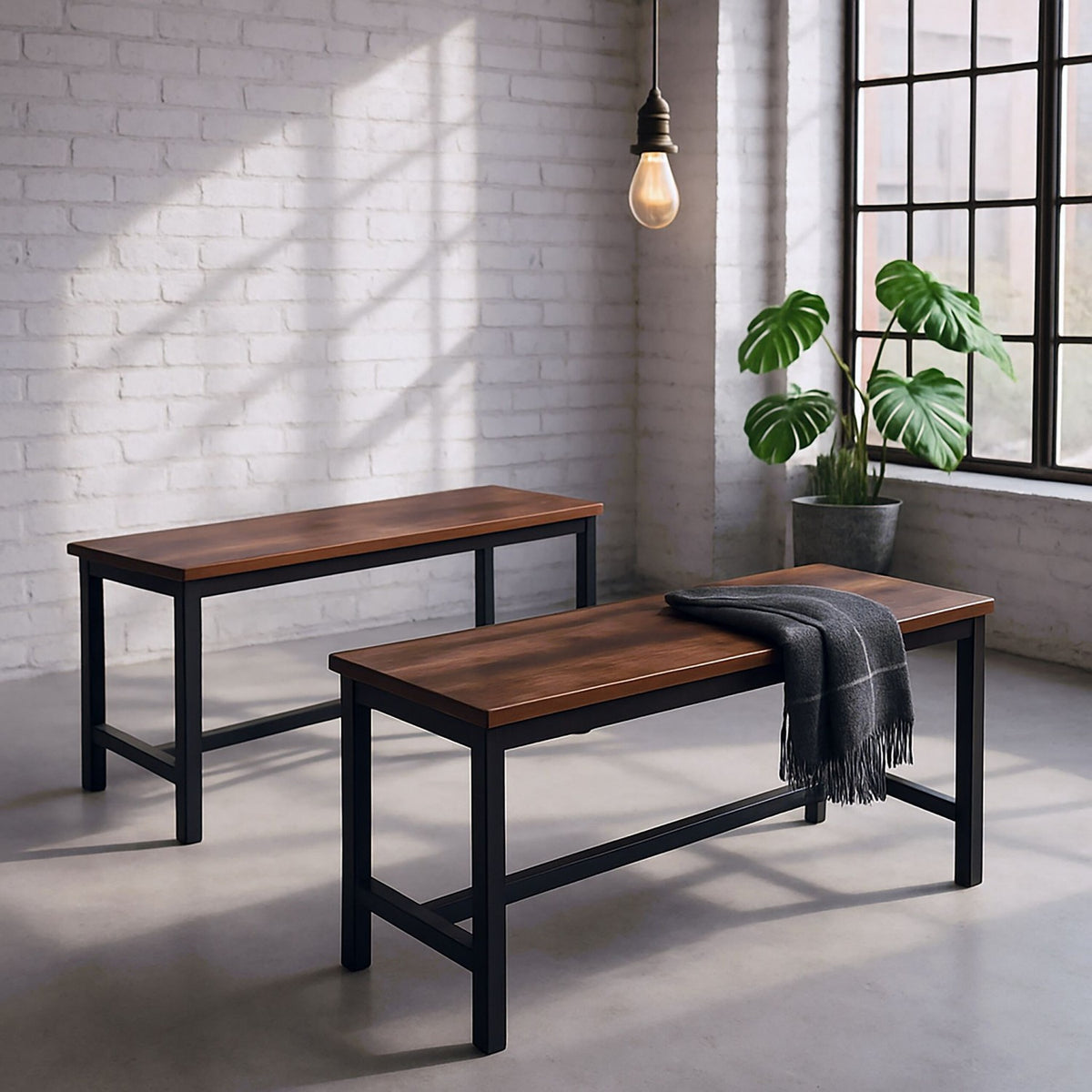 Industrial Dining Benches Set of 2 – Wood and Iron