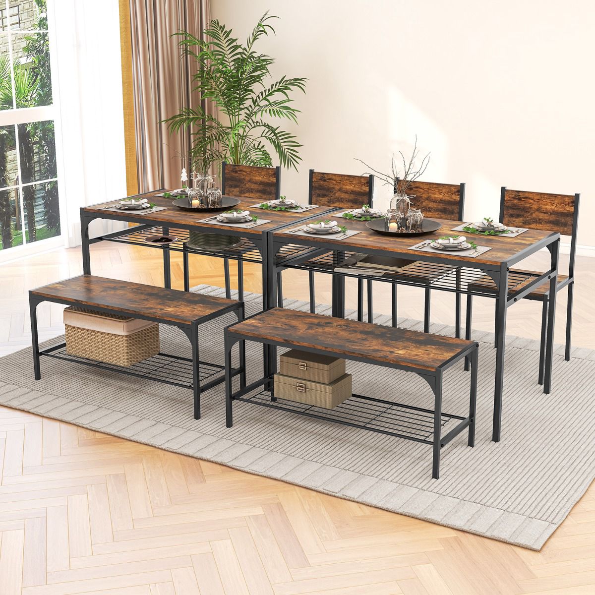 Industrial Dining Table Set With Bench, 2 Chairs, Shelves; Rustic Brown