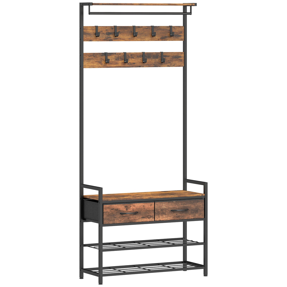 Industrial Entryway Organizer with Hooks and Shoe Bench