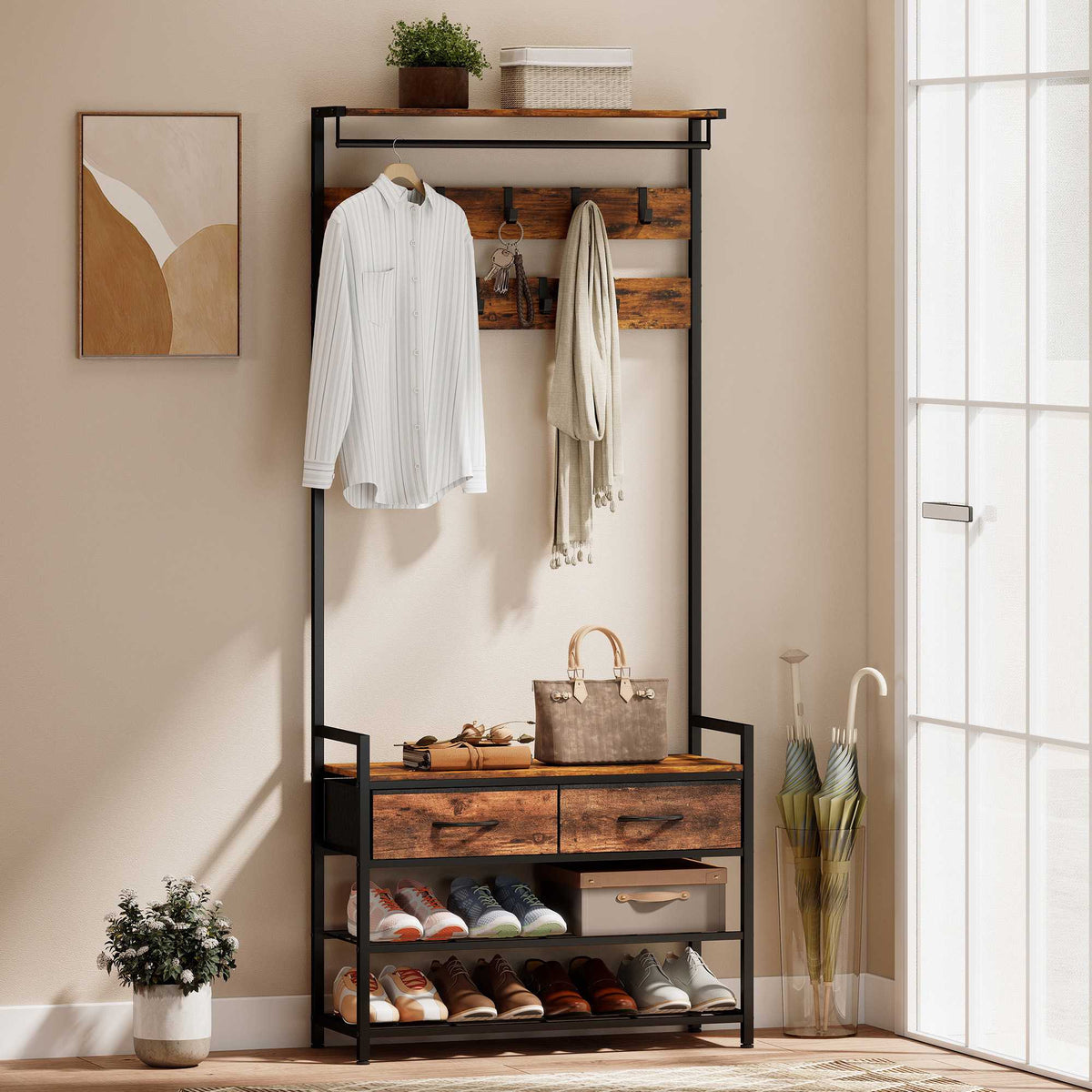 Industrial Entryway Organizer with Hooks and Shoe Bench