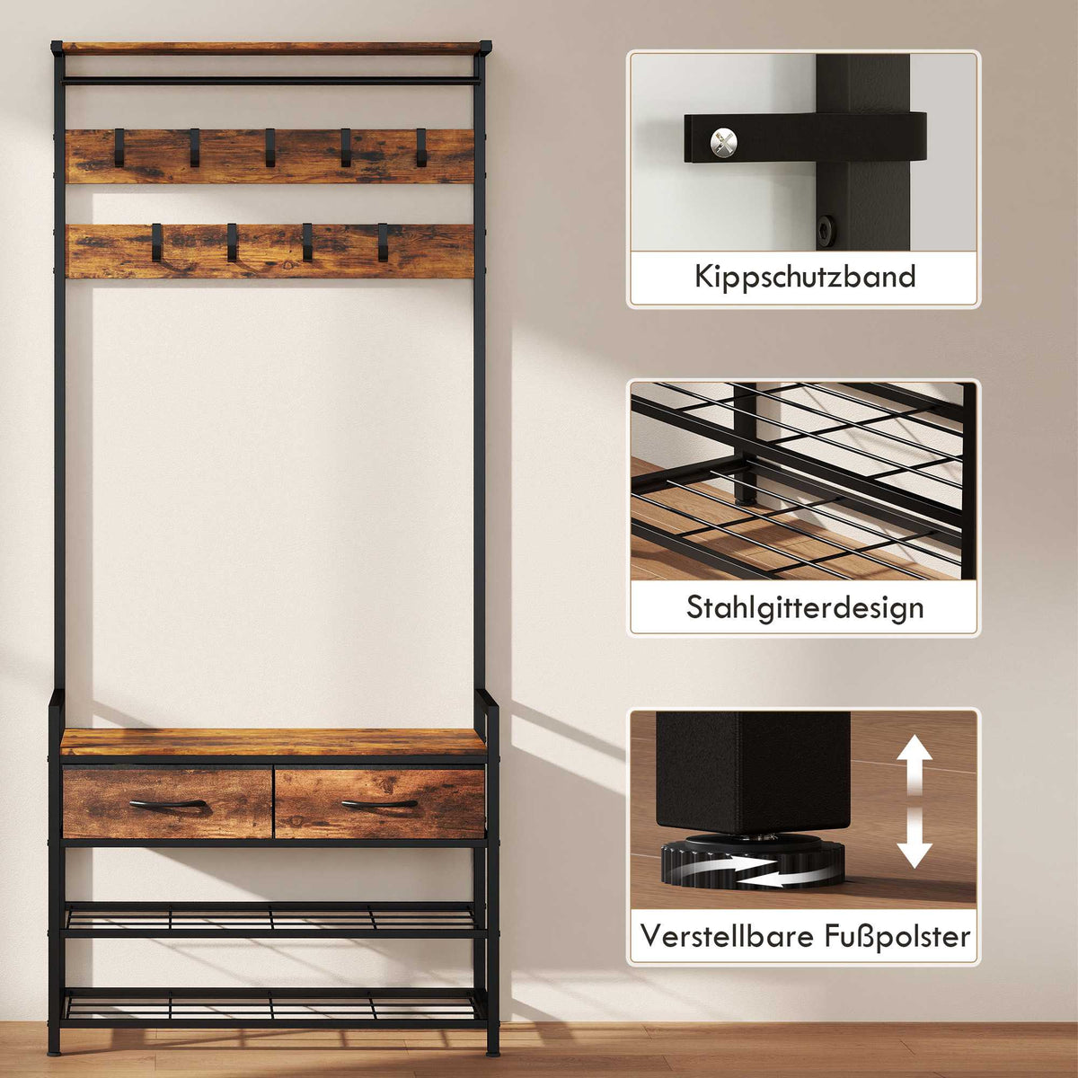 Industrial Entryway Organizer with Hooks and Shoe Bench