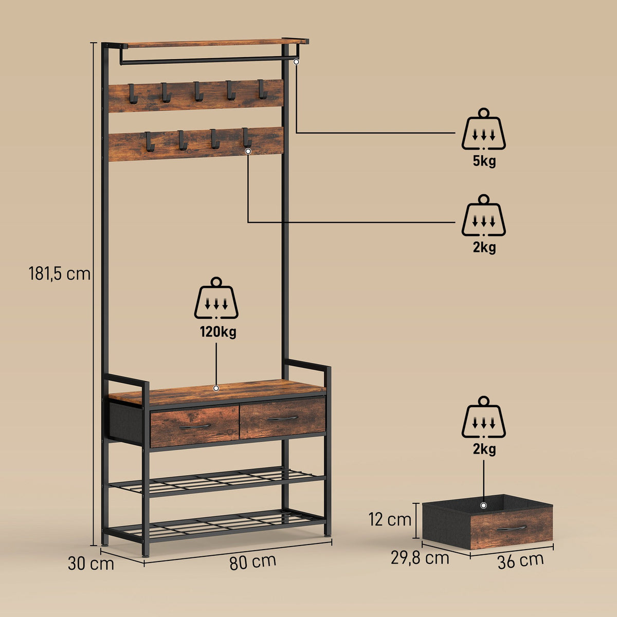 Industrial Entryway Organizer with Hooks and Shoe Bench