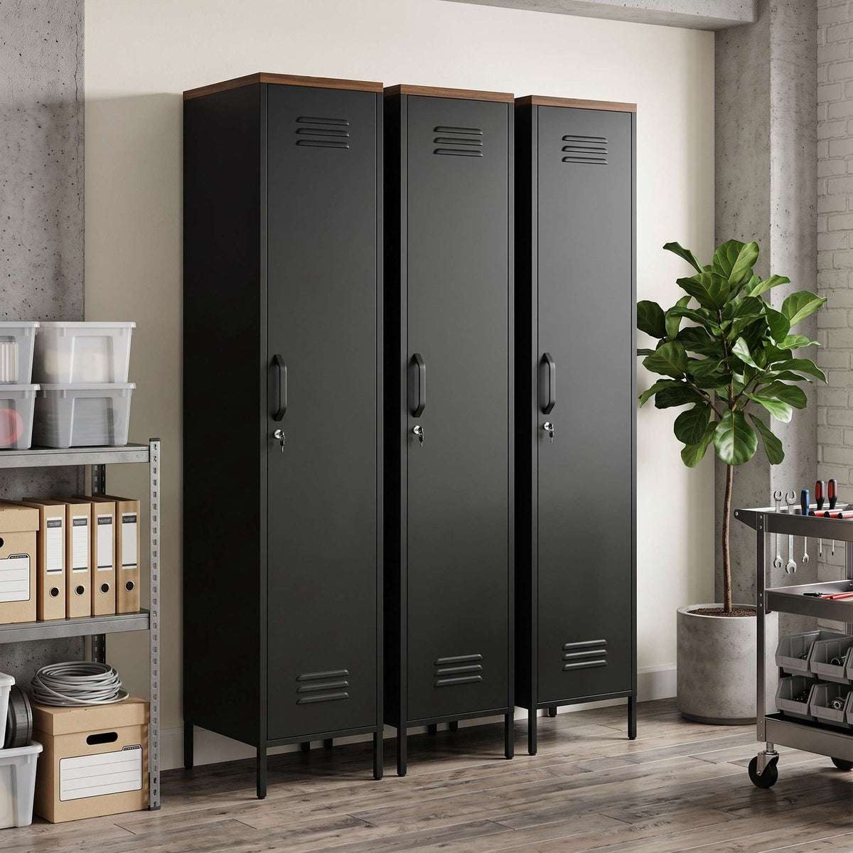 Industrial Metal Wardrobe, Adjustable Shelves, Black, 183cm