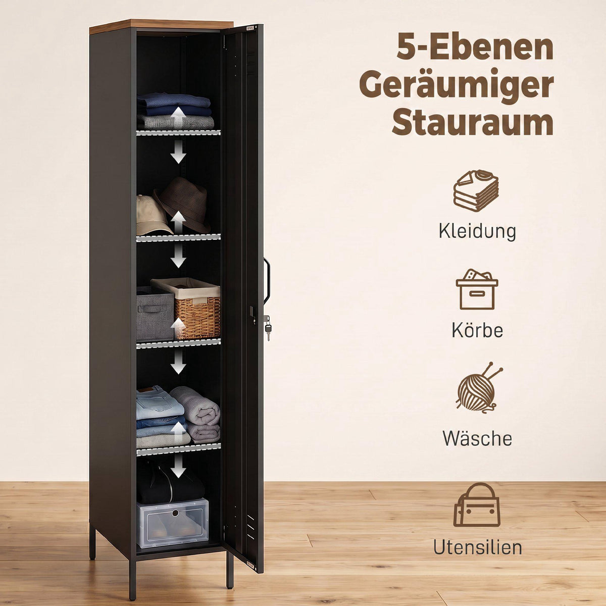 Industrial Metal Wardrobe, Adjustable Shelves, Black, 183cm