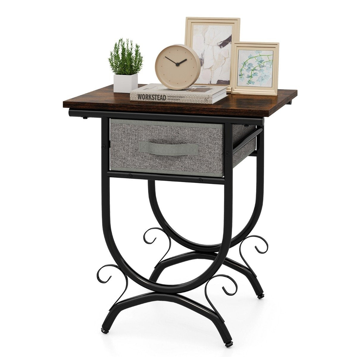 Industrial Nightstand with Fabric Drawer – Metal Frame, 48x35x53 cm