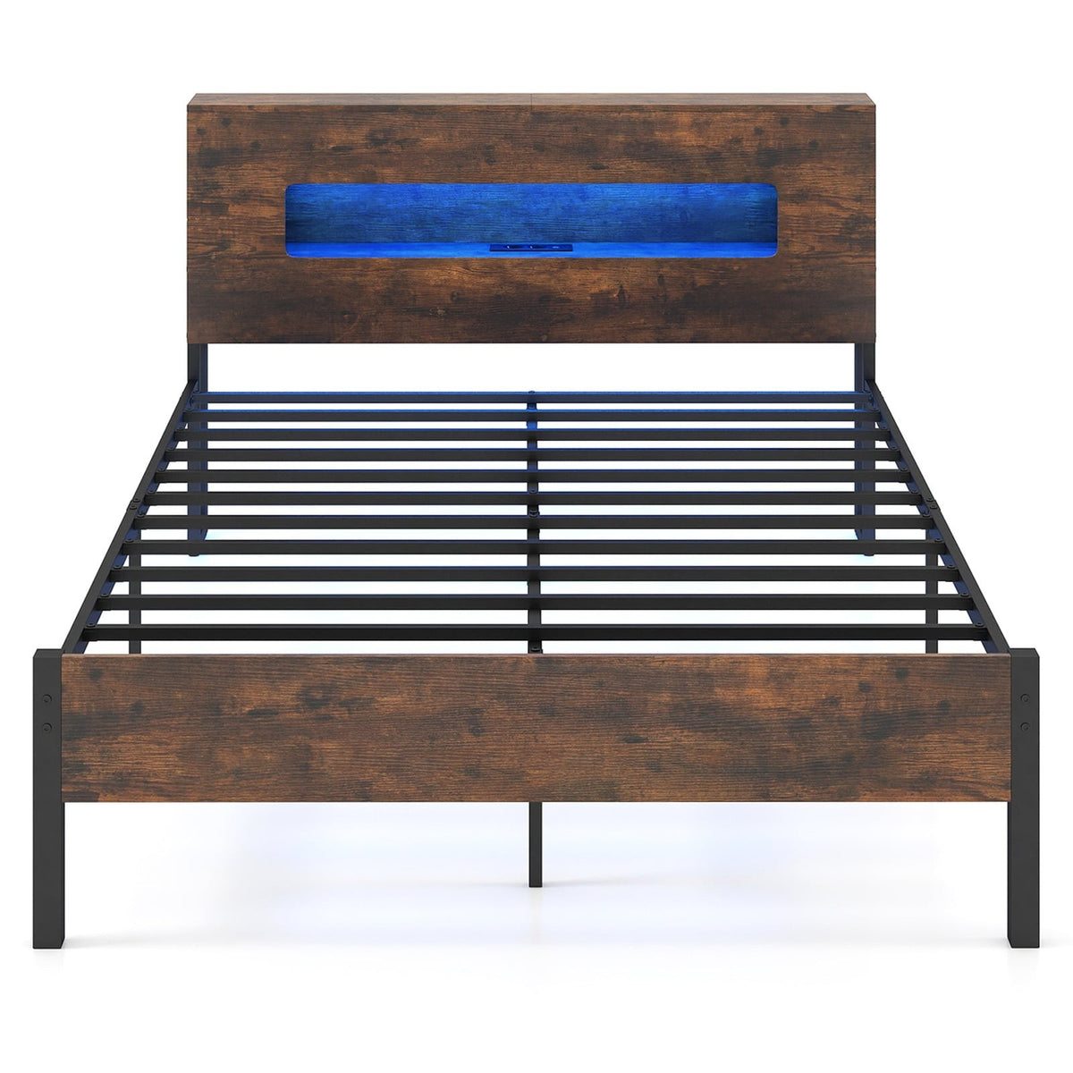 Industrial Platform Bed Frame with LED Lights, Storage Headboard, 200x140 cm