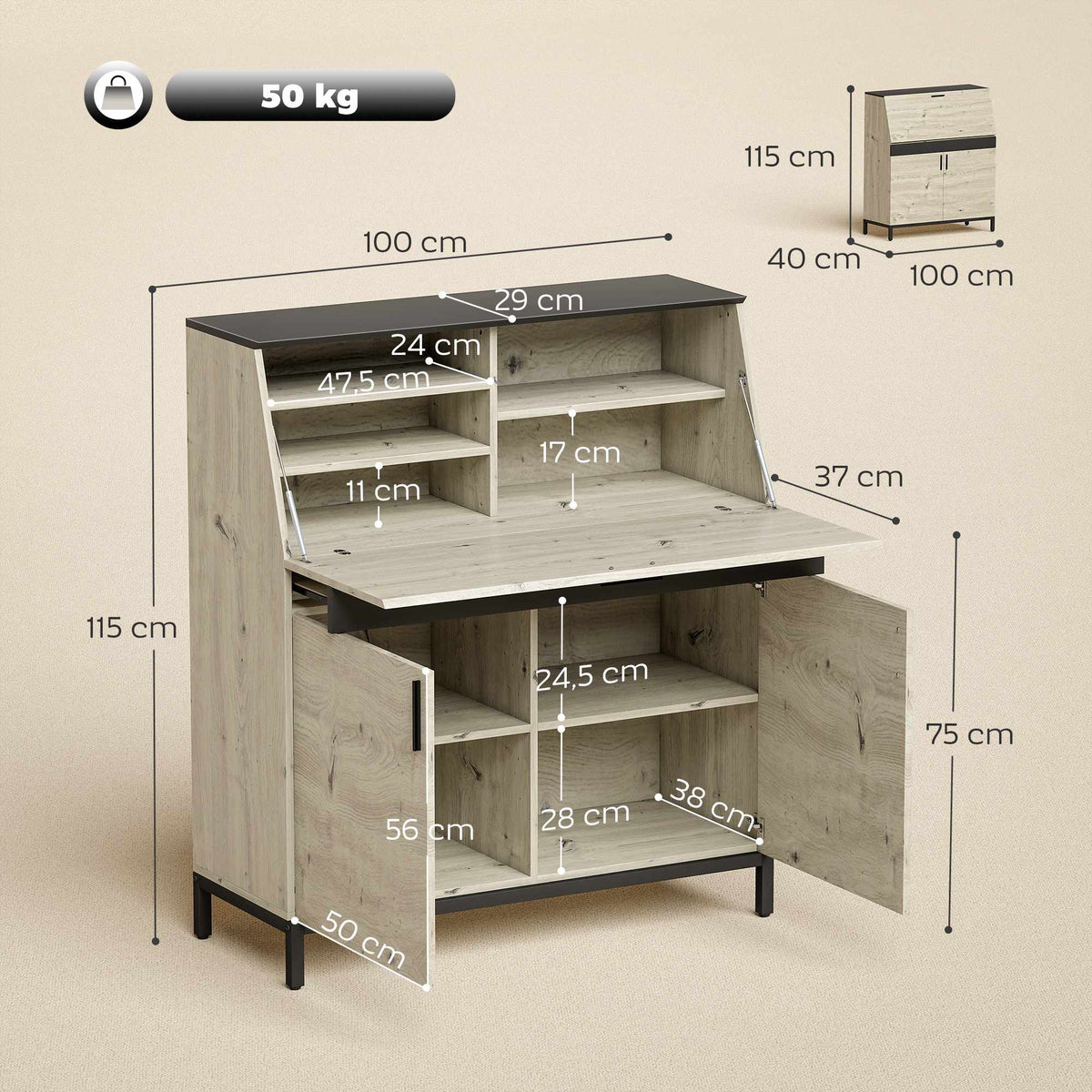 Industrial Secretary Desk with Shelves, 100 cm Wood